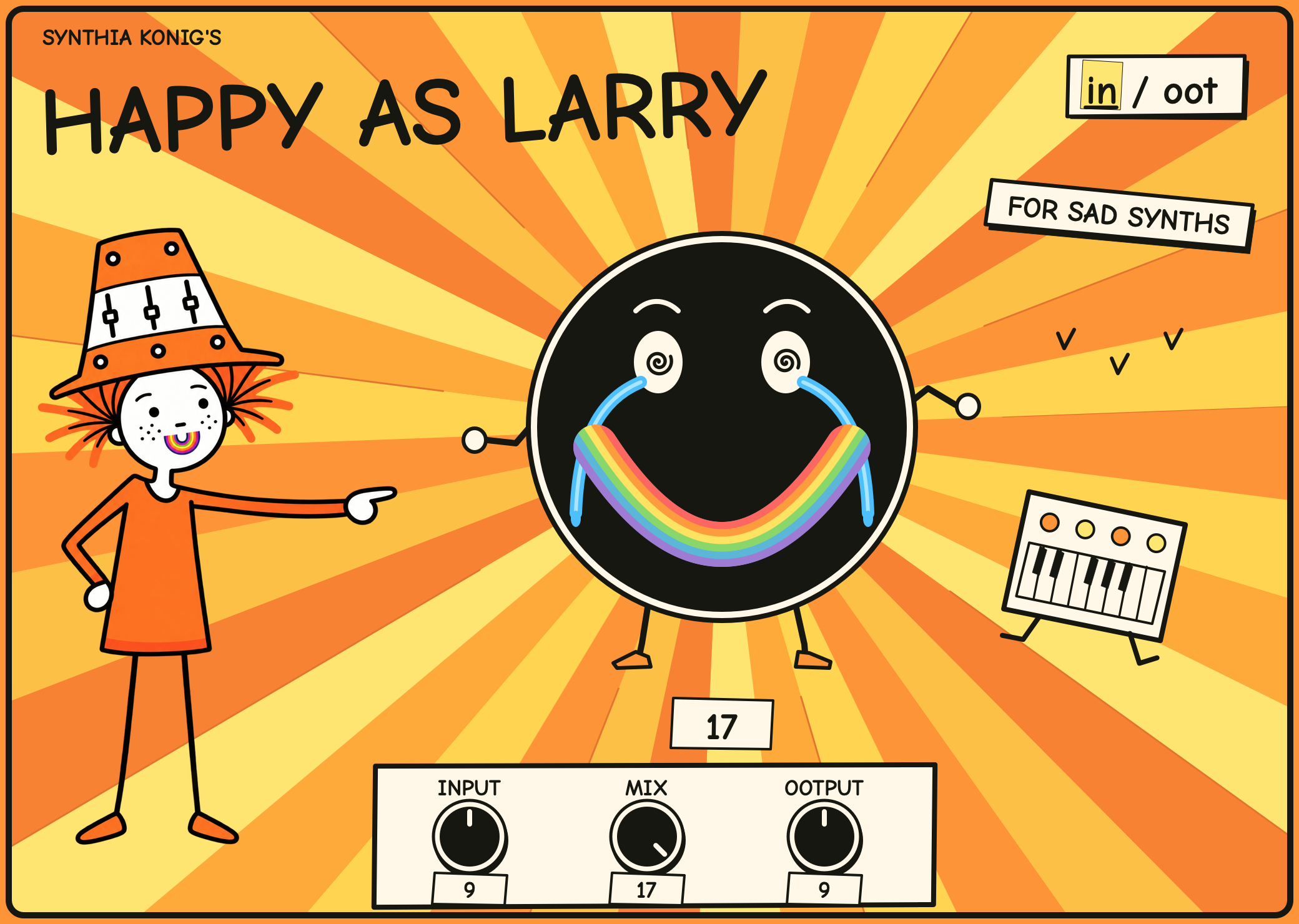 Happy as Larry's complete interface with the main knob fully crying at 17, Synthia pointing towards it, and Input, Mix and Ootput controls below