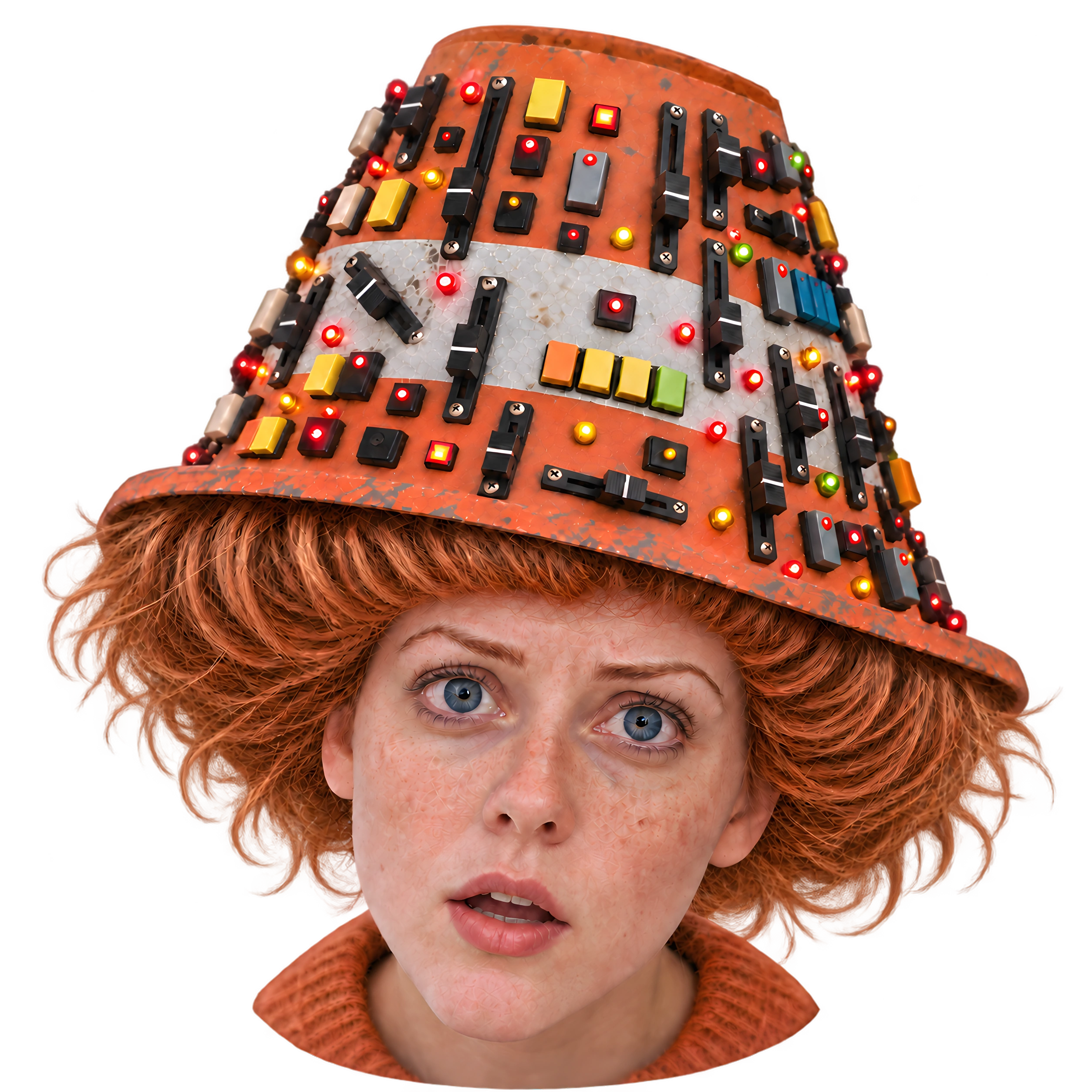 Synthia Konig emerging through torn orange paper, wearing her traffic-cone synthesiser hat, mouth open as if speaking